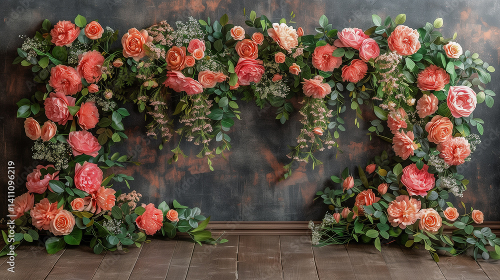 Fototapeta premium Lush Floral Arch with Vibrant Pink Blooms