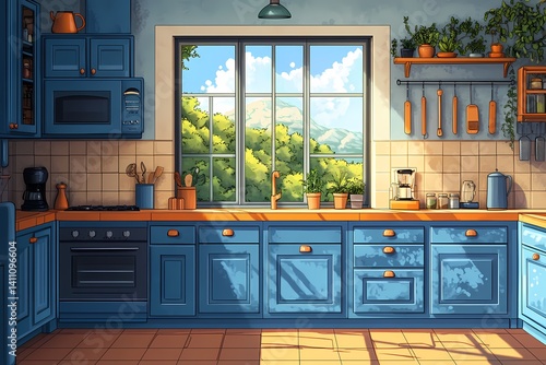 Modern Blue Kitchen Cabinets with Mountain View. A Cozy and Inviting Rural-Inspired Cooking Space