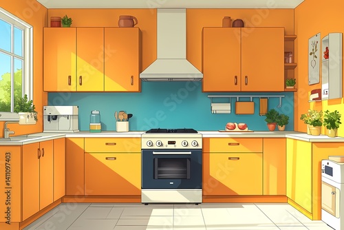 Modern Kitchen Interior Design with Orange Cabinets and Natural Lighting - Stylish and Spacious Family Home