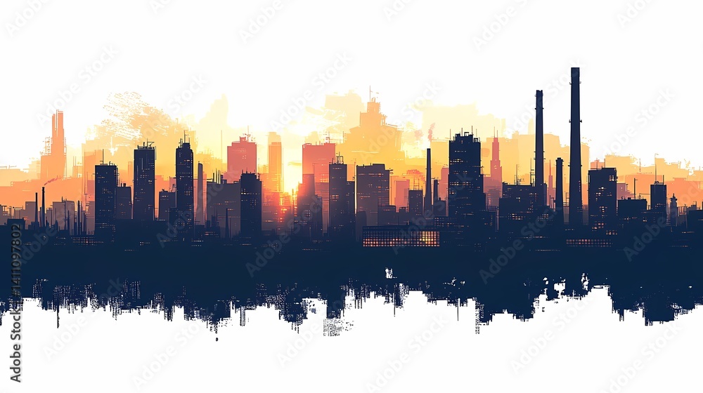 Obraz premium Urban Skyline Cityscape Silhouette at Sunset. Modern Metropolis with Industrial Architecture and Colorful Sky