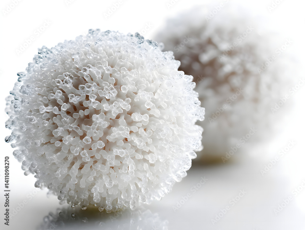 Close up view of two white spherical objects with small projections Close up view of two white spherical objects with small projections