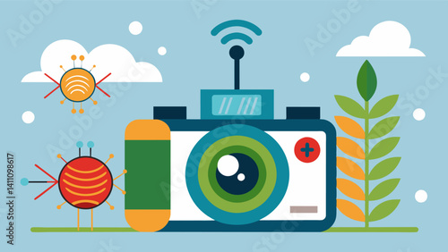 Smart cameras equipped with image recognition technology used to monitor crop pests and diseases allowing for quick action to be taken.. Vector illustration