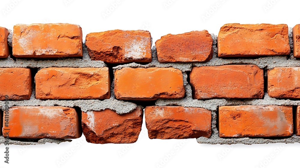 Obraz premium Detailed close-up of a brick wall with visible cement mortar, isolated on white