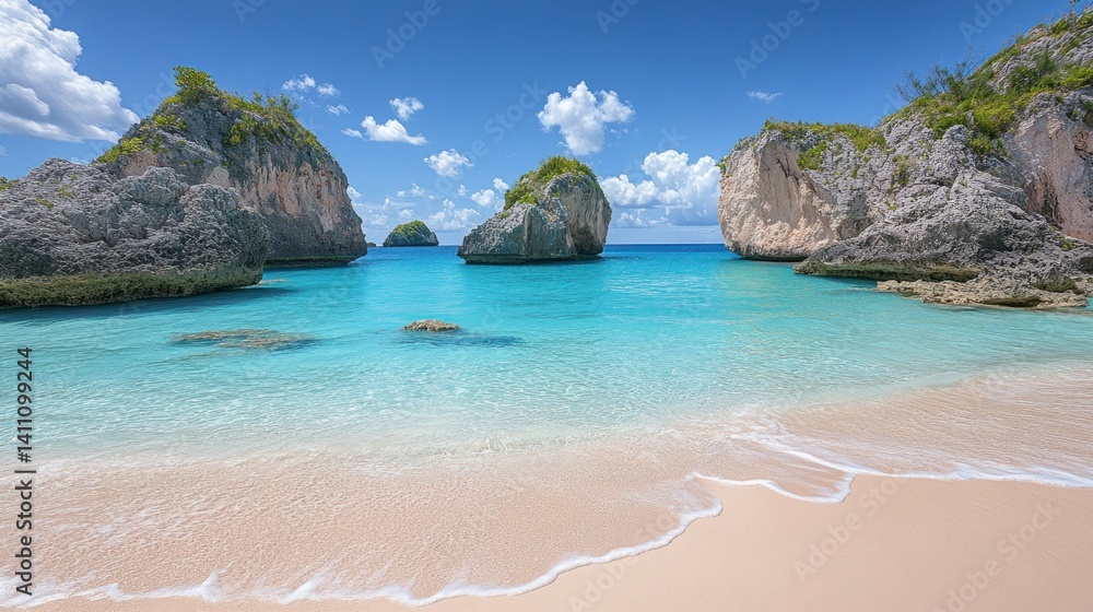 Fototapeta premium A beautiful beach scene with rocks in turquoise waters under blue skies
