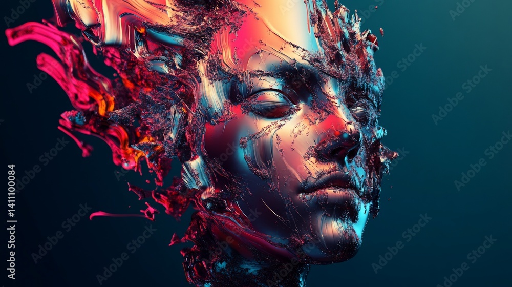 Abstract Metallic Face: A Surreal Digital Art Piece