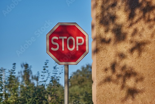 Obraz na płótnie Stop sign on a corner with tree branch shadows w salonie