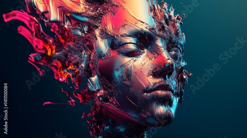 Obraz na płótnie Abstract Metallic Face: A Surreal Digital Art Piece w salonie