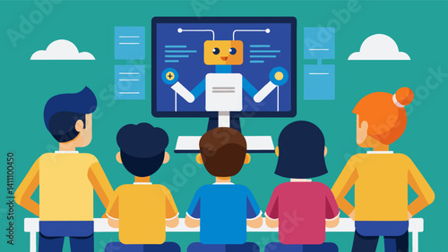 A group of students gathered around a computer screen closely observing the lines of code that control their robots movements.. Vector illustration