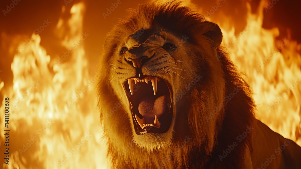 Roaring Lion in Fiery Inferno: A Dramatic Wildlife Image
