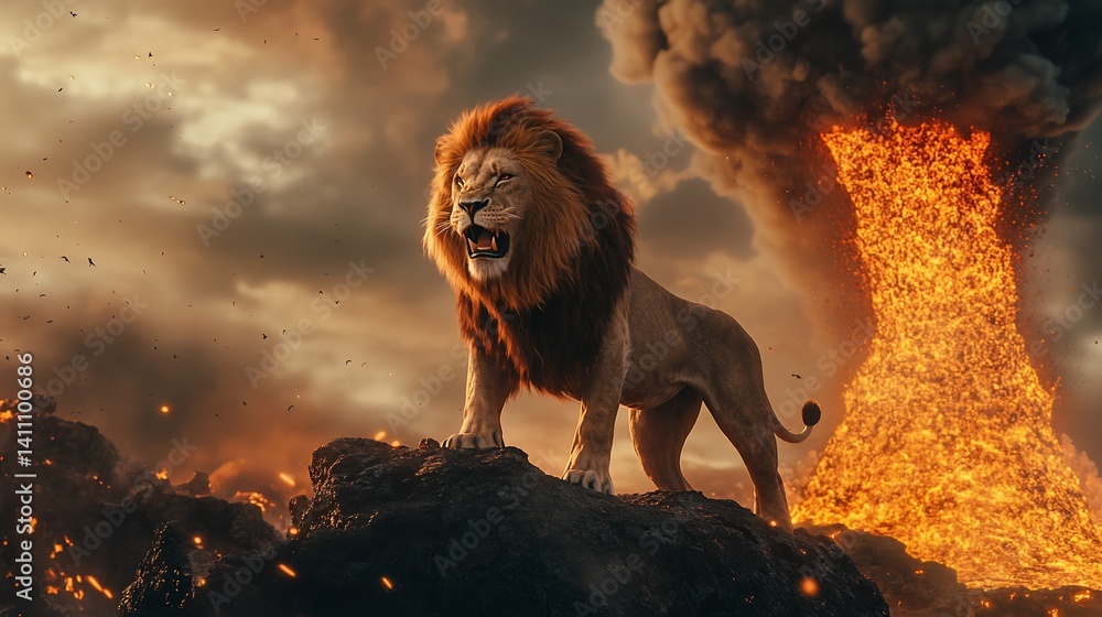Majestic Lion Roaring Amidst Volcanic Eruption