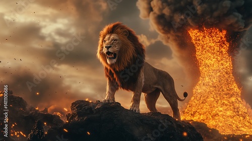 Obraz na płótnie Majestic Lion Roaring Amidst Volcanic Eruption w salonie