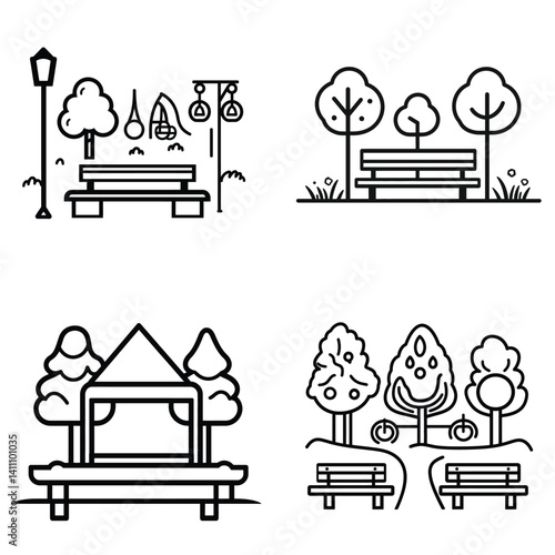 Park Benches Icons Set with Trees, Gym Rings, and Street Light Black Outlines