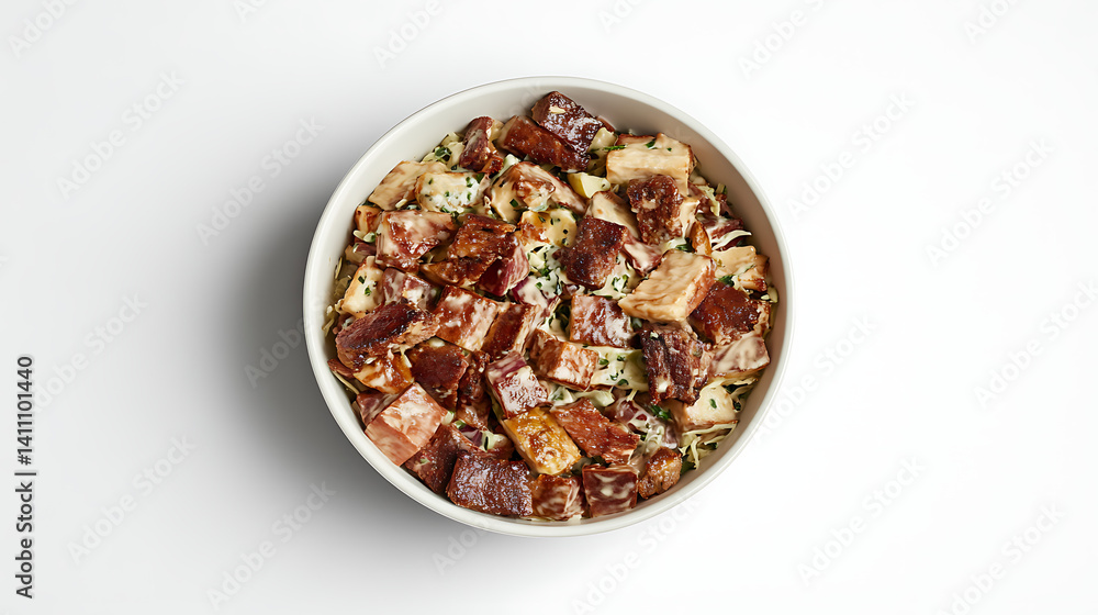 Creamy, cubed meat dish in bowl, top view Creamy, cubed meat dish in bowl, top view