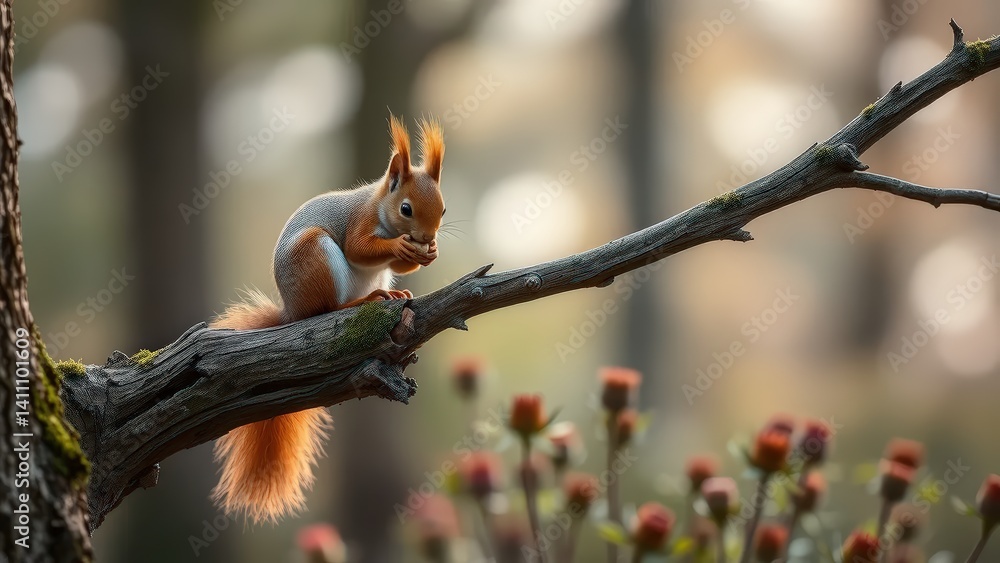 Fototapeta premium A red squirrel perched on a weathered tree branch eating a nut
