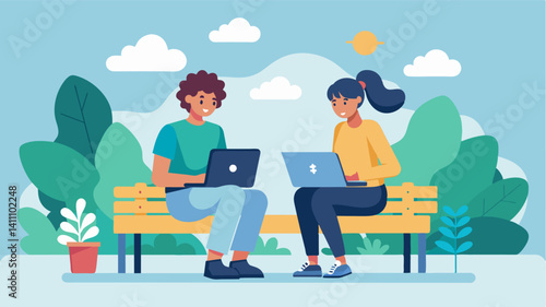 A pair of teenagers sit on a bench in a quiet outdoor space their laptops balanced on their legs as they work on coding a mobile app together.. Vector illustration