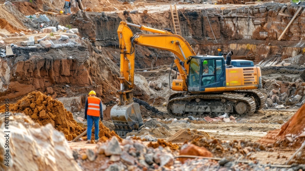 Fototapeta premium Workers using a backhoe to excavate a construction site.