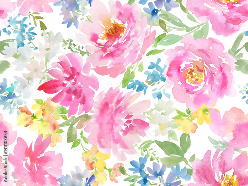 Fototapeta Naklejka Na Ścianę i Meble -  PNG seamless pattern of pink peonies and wild flowers painted in watercolor. A floral wallpaper pattern in watercolor with transparent backgroud . Botanical pattern painted in watercolor for wedding.