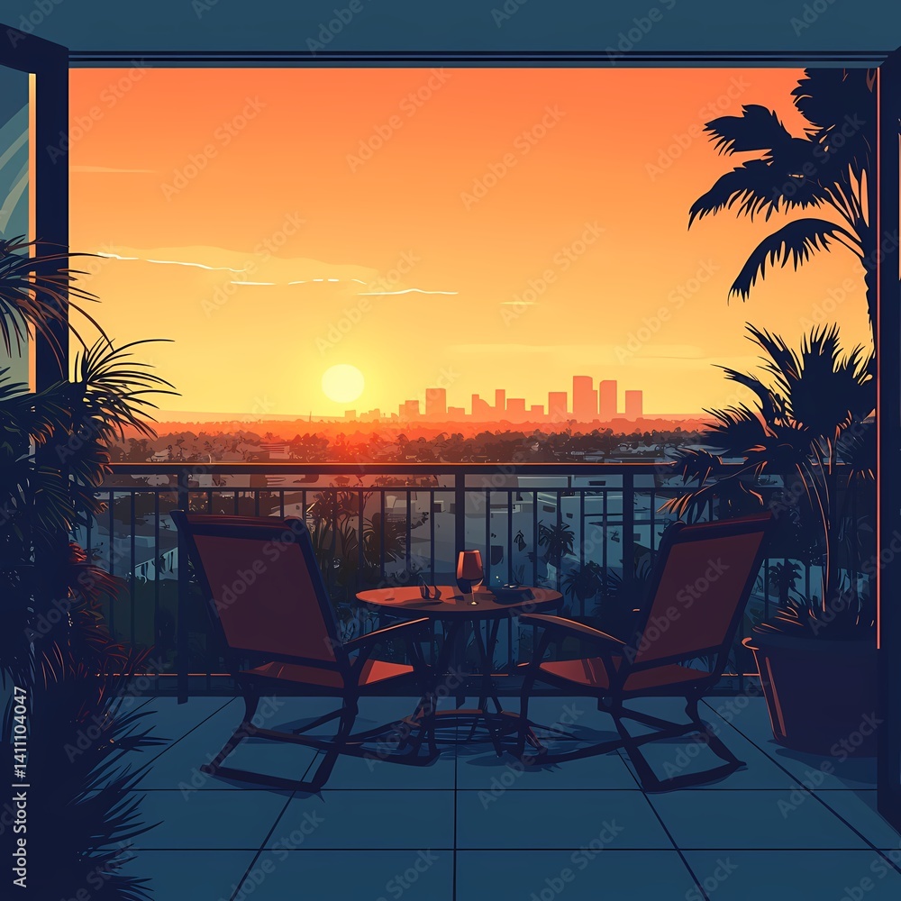 Fototapeta premium Stunning Sunset Balcony with Urban Cityscape and Palm Trees. Cozy Outdoor Setting for Relaxation and Romantic Evenings