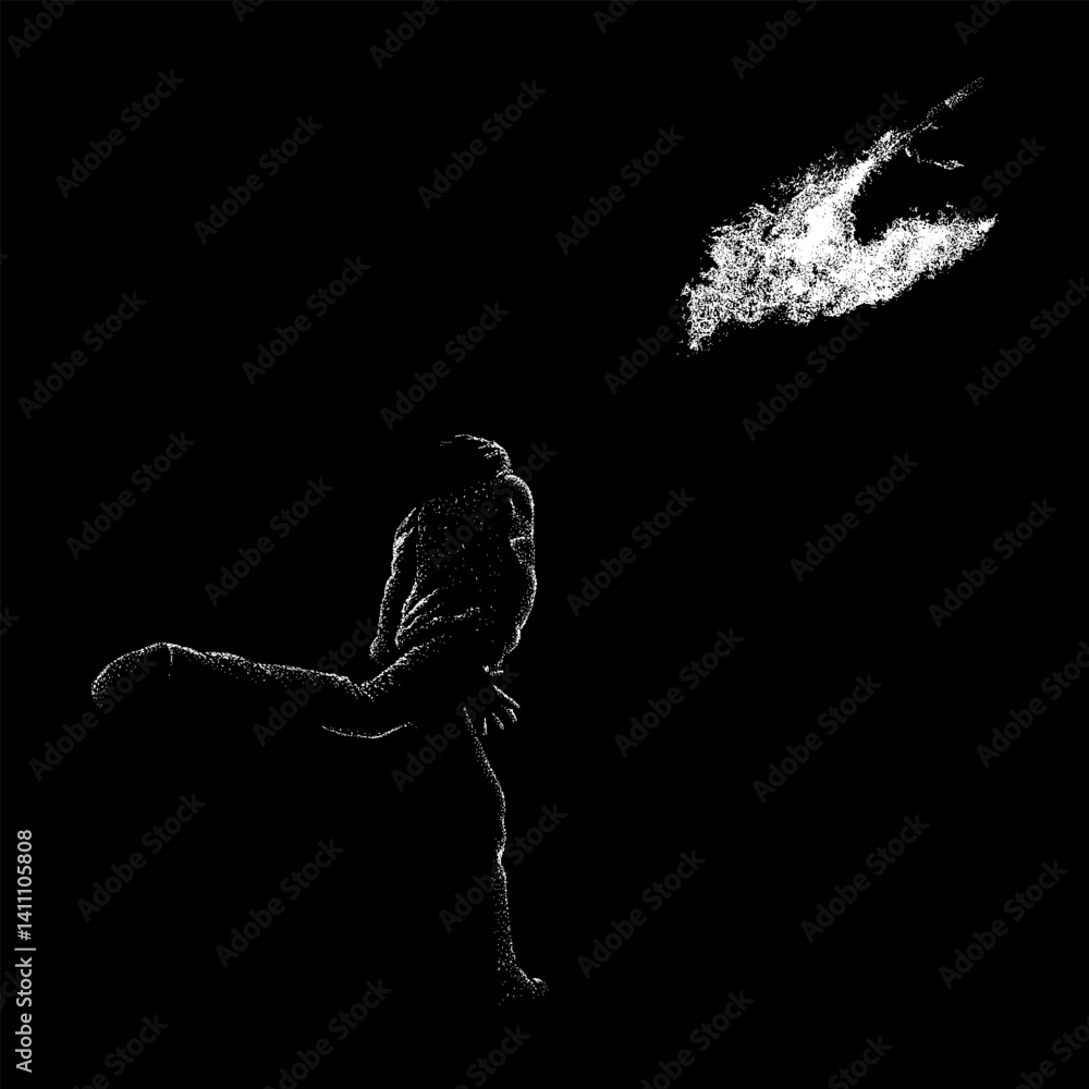 Fototapeta premium Man throwing molotov hand drawing vector isolated on black background.
