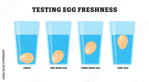 Fresh Egg Test at high protein healthy foods, educational medical poster design healthcare scheme, labeled egg floating or sinking test, four degree set of freshness from fresh product to bad.
