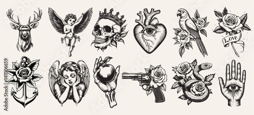Vintage gothic angelic art, element vector set