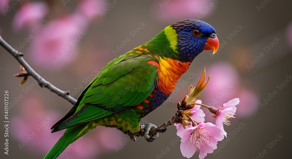 Vibrant Rainbow Lorikeet Perched on Cherry Blossom Branch Vibrant Rainbow Lorikeet Perched on Cherry Blossom Branch