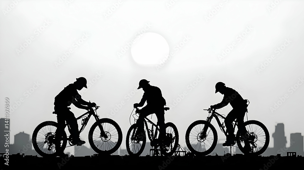 Obraz premium Silhouette Of Cyclists In Cityscape At Sunrise