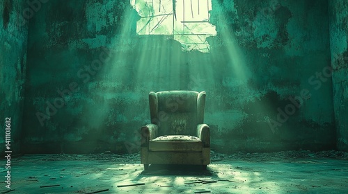 Generative AI Image of Armchair Chair in Abandoned Scary Empty Room with Sunlight From the Window