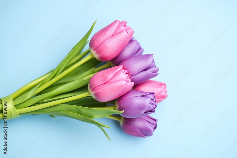 bouquet of purple and white tulips on a blue and pink background bouquet of purple and white tulips on a blue and pink background