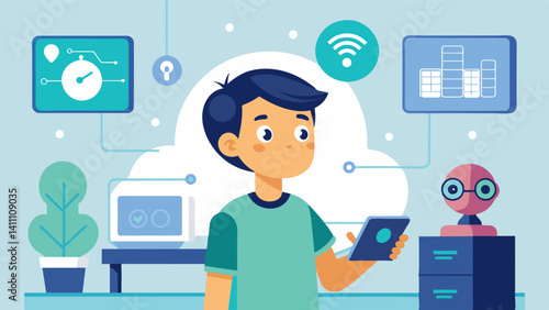 A boy observing a smart home system in action learning how AI can be used to automate tasks and make life easier.. Vector illustration