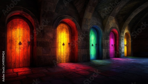 Wallpaper Mural Colorful arched doors in a dark stone hallway Torontodigital.ca