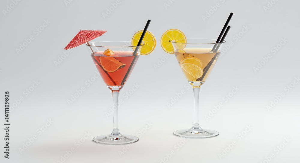 Two Colorful Cocktails in Martini Glasses on White Background Two Colorful Cocktails in Martini Glasses on White Background