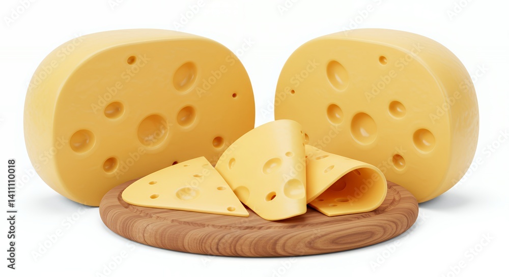 Two Halves and Slices of Swiss Cheese on Wooden Board Two Halves and Slices of Swiss Cheese on Wooden Board