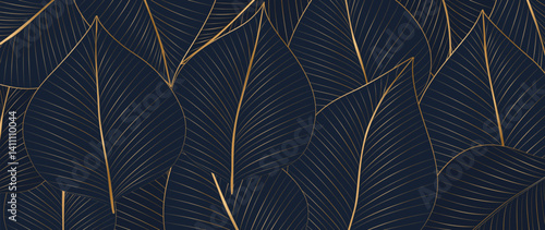Abstract art background with blue exotic leaves hand drawn in line style. Botanical banner for decor, print, textile, packaging, interior design, wallpaper, textile.