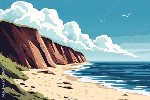 Sunny Coastal Cliffs and Vibrant Ocean Scenery. Idyllic Beach Landscape with Waves and Tranquil Horizon
