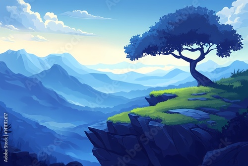 Tranquil Mountain Landscape Art. Silhouette Trees, Blue Sky & Misty Mountains in Vibrant Nature Scenery