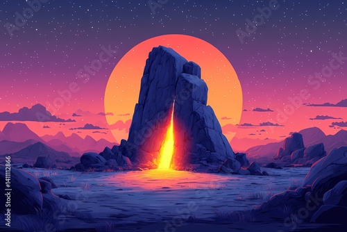 Dreamlike Fantasy Landscape. Majestic Rock Silhouettes Under Moonlit Dusk Sky in Vibrant, Atmospheric Digital Art Illustration