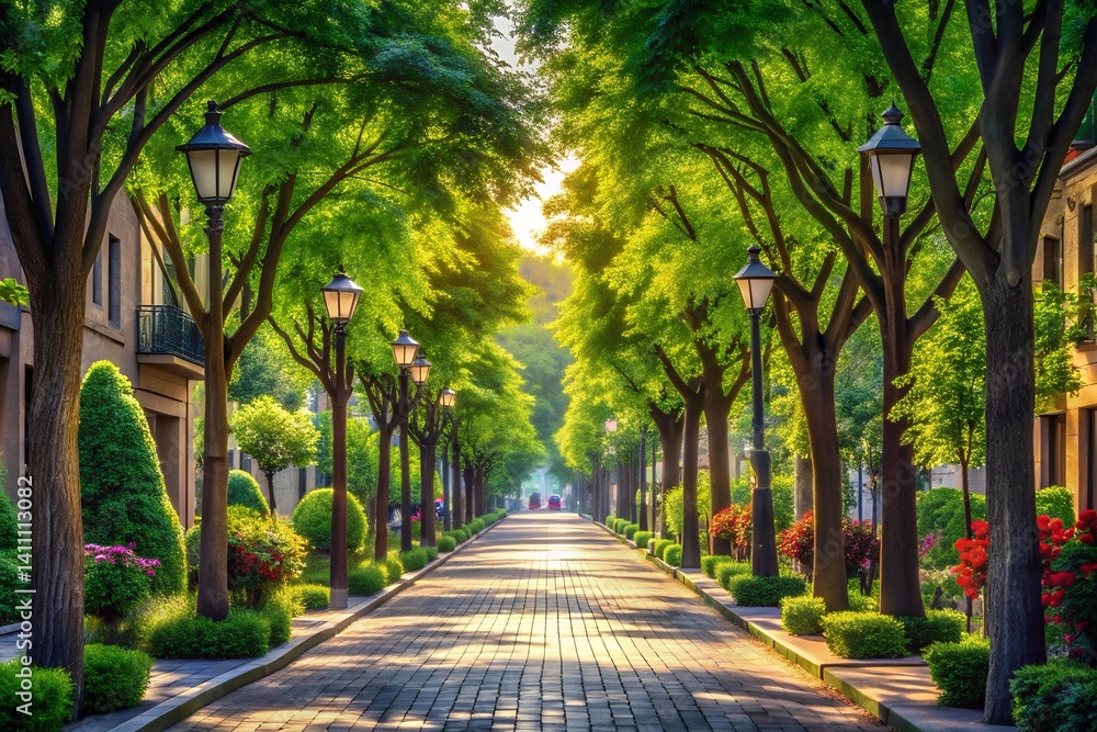 Obraz premium A sun-drenched tree-lined avenue whispers tranquility, promising a peaceful stroll on a warm, bright morning with soft light and a paved pathway.