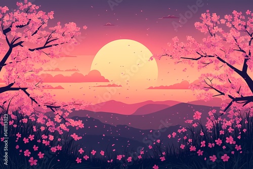 Serene Cherry Blossom Sunset. Vibrant Digital Landscape Illustration with Pink Sky and Mountain View