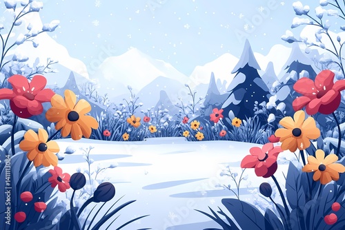 Vibrant Winter Wonderland. Colorful Snow-Capped Flowers and Mountains in Digital Art Landscape