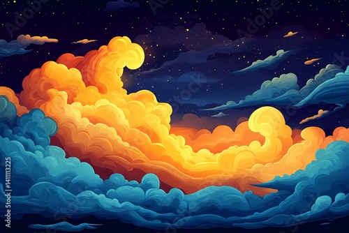 Vibrant Digital Art Illustration of Night Sky Clouds. A Colorful and Dreamy Abstract Artwork with Moody Orange and Blue Hues