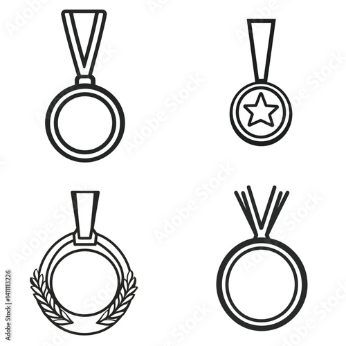Set of Four Medals with Ribbons Icons in Outline Style on Transparent Background