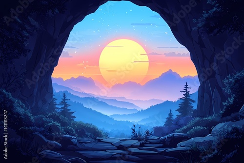 Vibrant Sunrise Mountain Landscape. Serene Nature and Mystical Digital Art Scenery