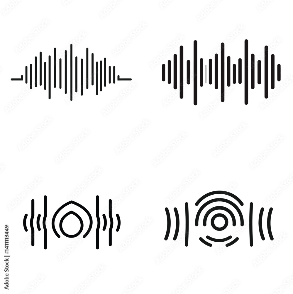 Set of Four Sound Waveforms, Black Graphic Elements on Transparent Background Set of Four Sound Waveforms, Black Graphic Elements on Transparent Background