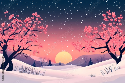 Serene Winter Wonderland Evening with Cherry Blossoms and Snowy Landscape Digital Art Illustration