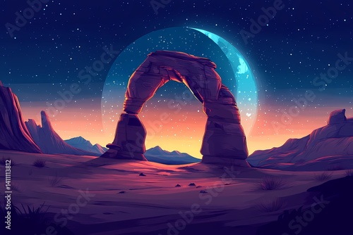Vibrant Desert Archway at Night. Majestic Starry Sky and Rocky Landscape with Crescent Moon