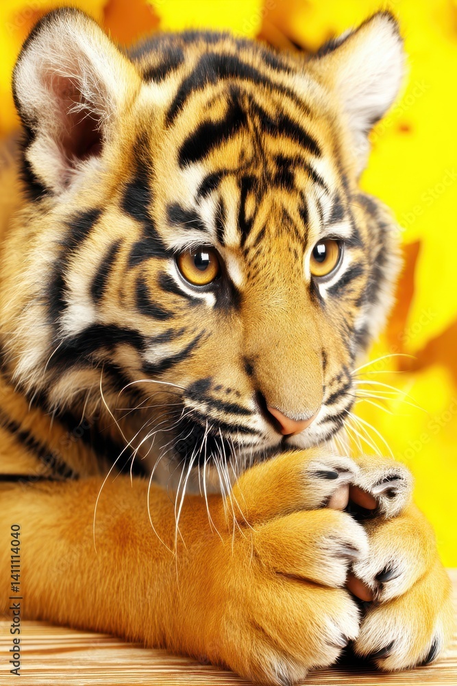 Fototapeta premium Realistic Tiger Resting in a Natural Environment with Vibrant Background Colors