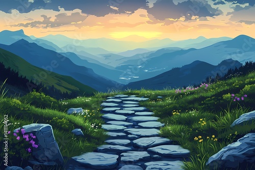 Captivating Mountain Pathway at Sunset. Scenic Nature Panorama for Hiking and Adventure Travel