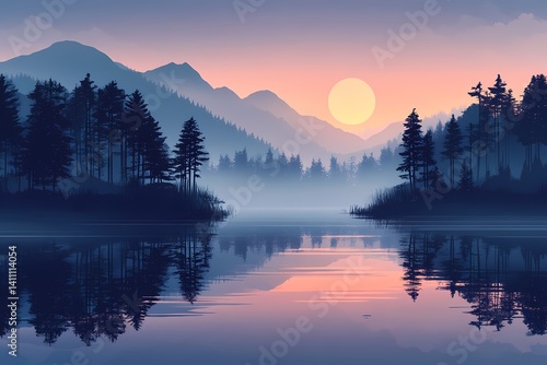 Serene Sunset Landscape. Majestic Mountain Reflections on a Calming Lake Tranquil Nature Photography