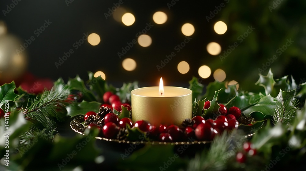Festive Christmas Candle with Holly Berries and Bokeh Lights Decoration Festive Christmas Candle with Holly Berries and Bokeh Lights Decoration